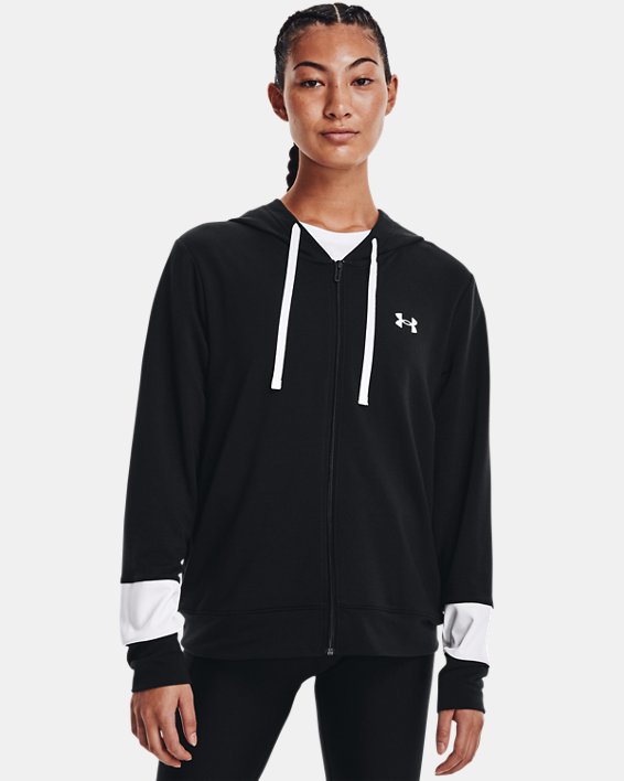 Under Armour UA Rival Terry Colorblock Full-Zip Hættetrøje Dame Sort / Hvide | F3D4ohq4h3K